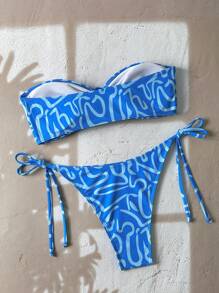 Swim Vcay Women Summer Random Print Drawstring Halter Tie Sexy Bikini Set - Blue - View 2