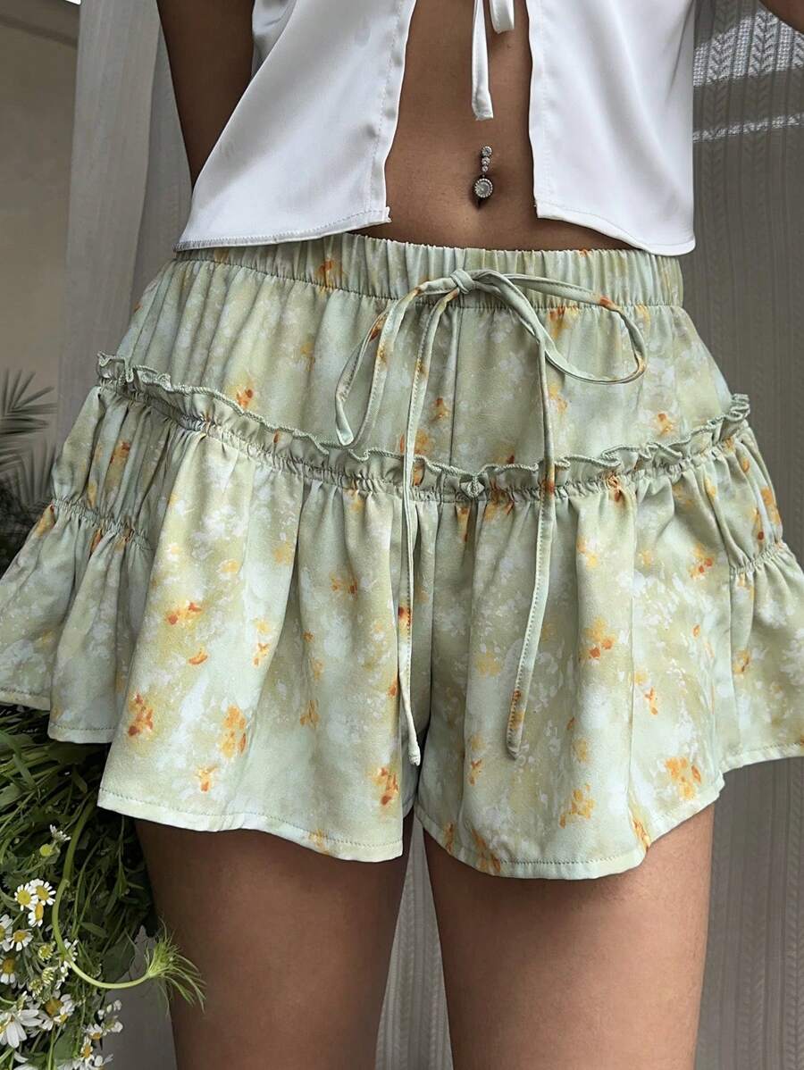 Sunnyshic 女士休闲碎花荷叶边短裤，适合度假 - 綠色 - 查看 1