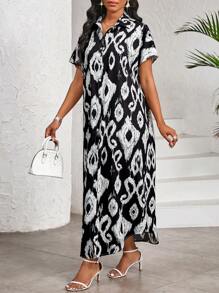 SHEIN Lady Abito modesto con stampe nere, vestiti per donna per vacanze estive, abiti estivi lunghi per donna - Bianco e nero - Visualizzare 5