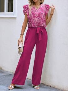 SHEIN Clasi 2pcs/Set Women Vacation Casual Allover Print Cap Sleeve Top And Solid Color Long Pants - Hot Pink - View 6
