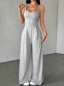 Flirla Petite 女士夏季简约纯色露背宽松阔腿连体裤 - 淺灰色 - 查看 6