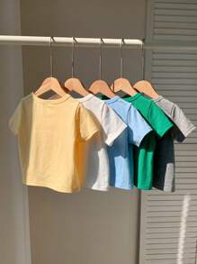 SHEIN 5pcs/Pack Summer Cute Solid Color All-Match Knit Short Sleeve T-Shirt Pack For Babies & Toddlers, Versatile