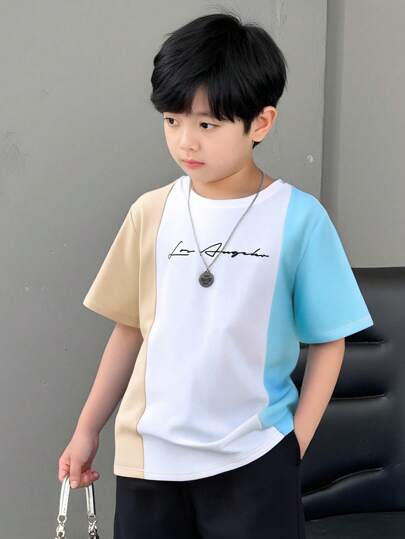 SHEIN 適合青少年男孩的字母圖形拼色t恤