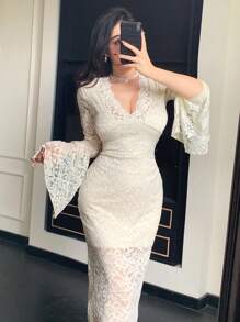 DAZY Đầm dạ hội tay loe cổ chữ V ren cho nữ, dáng dài vừa phải, thanh lịch, xếp nếp, váy cưới, váy mùa thu, váy dài tay - Màu be - Xem 6