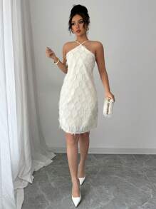 Elenzga Vestido corto slip con plumas en color beige para mujeres - Beis - Ver 7