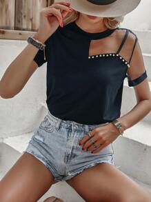 SHEIN LUNE Women Pearl-Embellished Mesh Panel Short Sleeve T-Shirt - Navy Blue - View 5