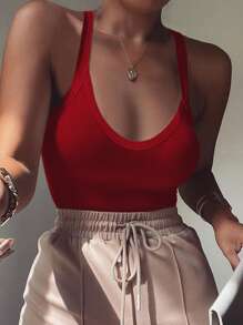 INAWLY Plus Size Solid Color Tight Backless Spaghetti Strap One-Piece Bodysuit