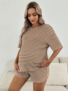 SHEIN 2pcs Maternity Casual Striped Short Sleeve Top And Shorts Set