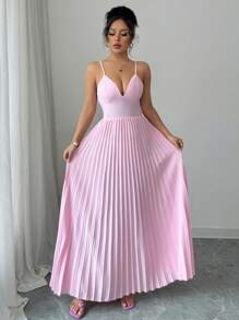 Elenzga Damen V-Ausschnitt geraffte rückenfreie Schleifendekor Lässig Urlaub Mini Kleid - Pink - Übersicht 6
