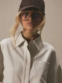 MUSERA Oversized Cropped Short Sleeve Shirt Spring  Cute Vacation Al Fresco Work Everyday Casual Holiday Airport Outfits Beach - Cream - View 4