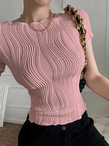 INAWLY Women's Solid Color Textured Round Neck Short Sleeve Casual Fitted T-Shirt