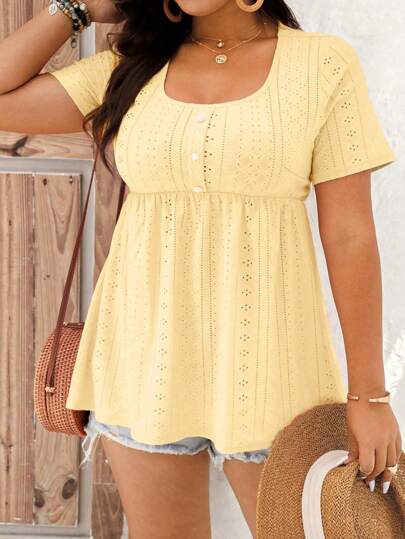 EMERY ROSE Plus Size Casual Solid Color Hollow Out Embroidery Short Sleeve T-Shirt