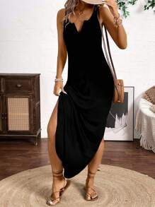 Calvaya Vestido largo con tirantes de espagueti con estampado de rayas verticales multicolor para mujer