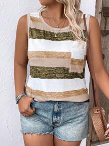 Breezaya 大码女式条纹印花圆领无袖宽松针织背心图案 T 恤女式上衣 - 黃色 - 查看 4