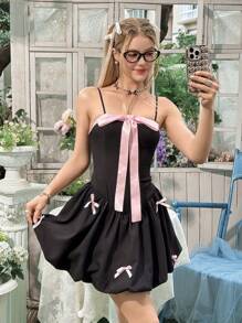 SHEIN Teen Girl Colorblock Floral Lace Trim Bow Decor Jacquard Dress