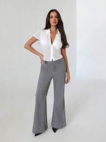 Roylia Women's Asymmetrical Waist Loose Flared Pants, Elegant Striped Design Fall Cloth For Women - Grey - View 3