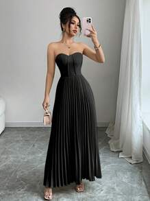 INAWLY 女士优雅褶皱露肩修身中长连衣裙 - 黑色 - 查看 6