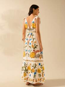 CAJUNI Women's Deep V-Neck Sleeveless Tie Casual Holiday Beach Dress, Boho Tropical Floral Print Long - Multicolor - View 3