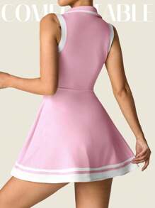 SHEIN Sovereign Charm Váy tập yoga không tay cổ polo cho nữ, trang phục tập luyện thể thao bó sát, thoải mái khi đi làm ngoài trời gợi cảm có túi, quần short ngắn, váy thể thao - Hồng - Xem 2