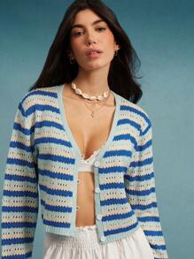 WESTFADE Summer Stripe Patterned V Neck Button Front Relaxed Fit Long Sleeve Open Knit Cardigan Sweater Spring Break Western Cowgirl Beach Vacation