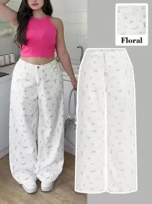 SHEIN MOD Women's Plus Size White Jeans Ditsy Floral Trousers Ditsy Floral Wide-Leg Pants Summer Pants Fresh Pastoral Style