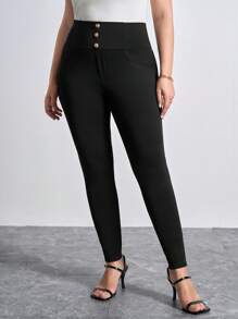 Chikora Pantalones largos de cintura alta de talla grande y ajuste delgado en unicolor para vacaciones y tiempo libre