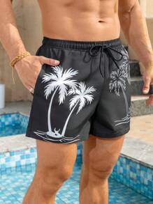 Manfinity Swimmode 男士椰子树印花抽绳腰沙滩短裤 - 黑色 - 查看 7