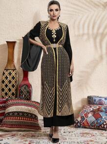 Al Najma Handmade Thick Thread Embroidery Long Sleeve Robe, For Ramadan, Modest Kaftan - Multicolor - View 4