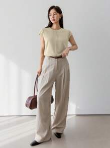 Dazy-Less Áo thun cổ tròn tay lửng họa tiết vá màu trơn đơn giản dành cho nữ phong cách cổ điển dành cho nữ công sở - Màu be - Xem 2
