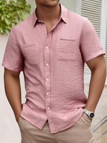 Manfinity Homme 男士纯色休闲衬衫，简约时尚日常穿着 - 粉色 - 查看 3