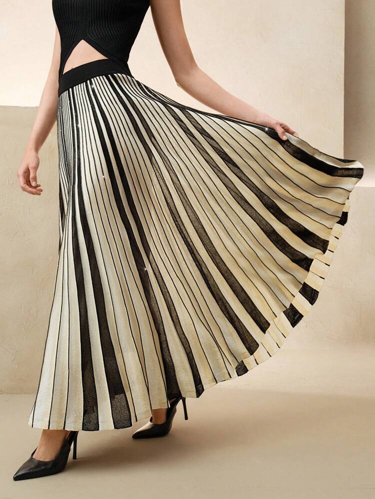 Jupe plissée élégante en maille à paillettes de haute densité avec contraste de couleurs, convenant à l'automne, l'hiver, les sorties, les loisirs, les occasions formelles, les fêtes, la mode, le Nouvel An, Noël, le travail, la remise des diplômes, les mariages