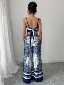 Elenzga 女士度假套装，蓝色扎染波西米亚风不对称吊带背心和宽松阔腿裤 - 藍色 - 查看 2