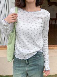 FRIFUL 碎花长袖休闲T恤，适合夏季服装和度假 - 白色 - 查看 7