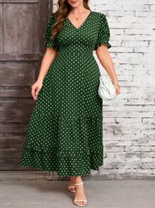 SHEIN Clasi 大码女式圆点印花 V 领泡泡袖优雅连衣裙 - 墨綠色 - 查看 5