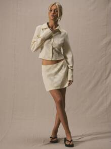 MUSERA Collared Pinstripe Cinch Waist Fitted Long Sleeve Shirt Only Spring Cute Vacation Summer Easter Holiday - Yellow - View 4