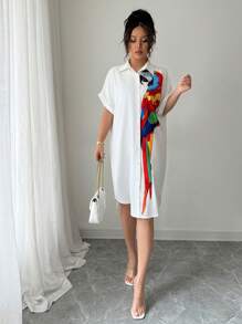 Chiquease Vacation Casual Parrot Print Batwing Sleeve Button Front Shirt Dress