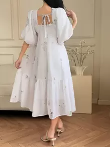 DAZY V-Neck Flower Print Lantern Sleeve Women's Mid-Length Dress Floral - Beige - View 2