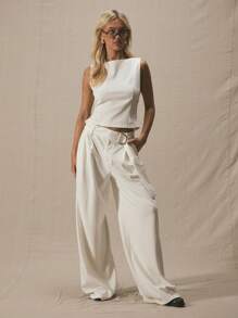 MUSERA 船领露背系带修身上衣，秋季可爱度假休闲90年代风格，适合工作、日常休闲、机场、假日、秋季返校、冬季户外、圣诞节等场合，优雅