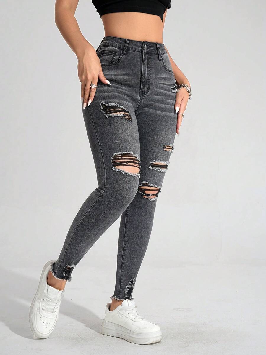 SHEIN Essnce Quần Jeans Denim Skinny Túi Xách Cho Nữ - Xám - Xem 1