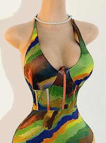 BamGleam 2025春夏新款女式性感无袖露背印花连衣裙