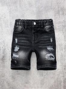 SHEIN Kleine Jungen Sommer Straßen-Coole Frontknopftasche, ausgewaschene, zerrissene, ausgefranste, einfache schwarze Denim Shorts, Kleine Jungenmode Frühling/Sommer Streetwear, Frühling Break Outfit
