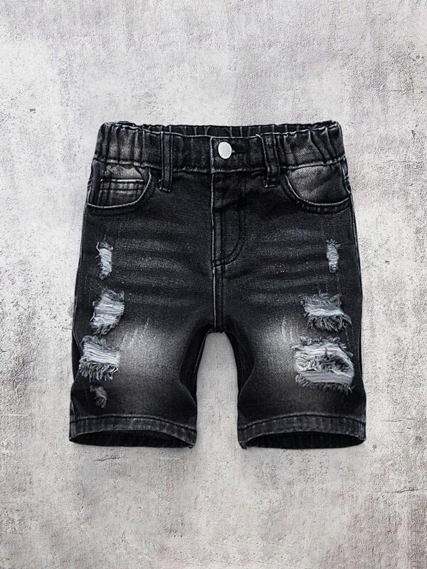SHEIN Young Boy Summer Street Cool Washed Front Button Pocket Distressed Simple Ripped Frayed Black Denim Shorts,Boys Spring/Summer Clothes Streetwear Clothes Spring Break Outfit
