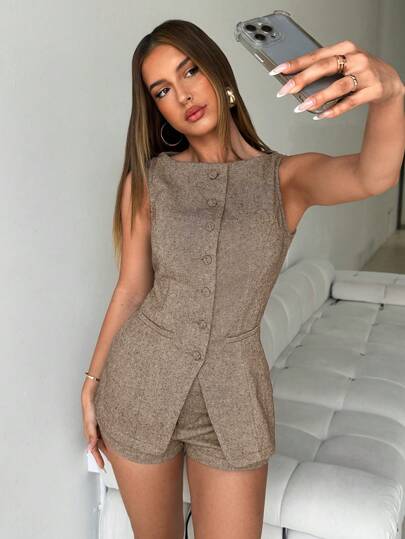 Aloruh Women's Autumn/Winter New Commuting Work Office Fitted Open-Front Single-Breasted Vest And Low-Waist Shorts 2 Pieces Set