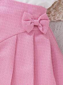 SHEIN 2 件装少女荷叶边领泡泡袖蝴蝶结上衣和褶皱蝴蝶结短裙套装 - 彩色 - 查看 3