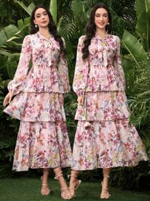 Modelyn Women's Long Sleeve Digital Printed Three-Tier Dress - Pink - View 1