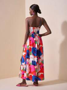 Slaydiva New Summer Casual Vacation Romantic Floral Cutout One Shoulder Waist Women Dress - Multicolor - View 3