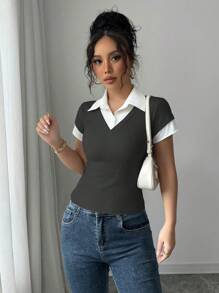 Elenzga 复古风格拼色 Polo 领修身性感紧身 T 恤，春夏 - 黑色 - 查看 6