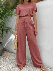 SHEIN Frenchy Setelan Musim Panas Kasual Warna Pink, terdiri dari atasan crop lengan kelelawar dan celana pinggang tali serut berbahan tekstur. - Dusty Pink - View 5
