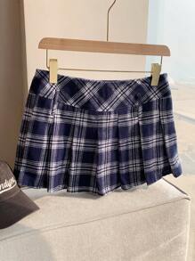 SHEIN Comfortcana 女式学院风印花百褶迷你裙 - 藍色 - 查看 4