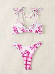 SHEIN Swim Set Pakaian Renang Bikini dan Cami dengan Motif Bunga dan Kotak-kotak untuk Liburan Pantai Musim Panas - Hot Pink - View 2